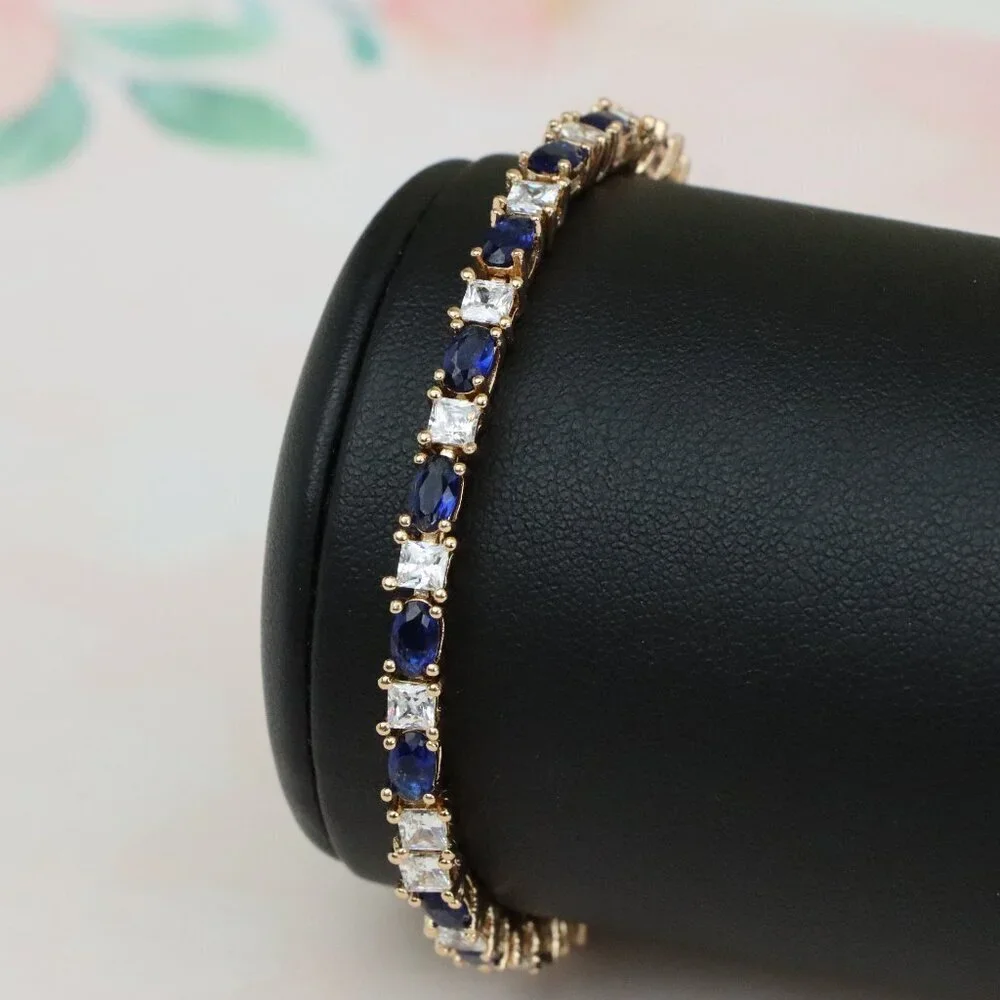 Rose Gold Bracelet with Blue & White Stones in Elegant Setting, XPBL0730